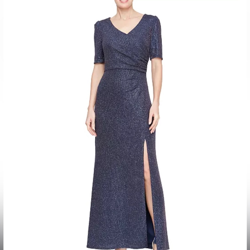 Alex Evenings 6 Navy Gold Blue Glitter Metallic Elbow Sleeve Evening Gown